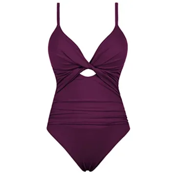 Hilor Women's Twist One Piece Swimsuits Sexy Keyhole Bathing Suit Ruched Tummy Control Swimwear Burgundy 10
