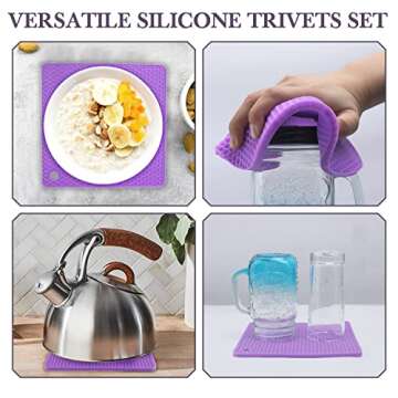 Silicone Trivet for Hot Dishes, 4 Pack Purple Heat Resistant Silicone Hot Pads Pot Holders for Kitchen Counter Non-Slip Trivets for Hot Pots and Pans, Small Dish Drying Mat & Spoon Rest