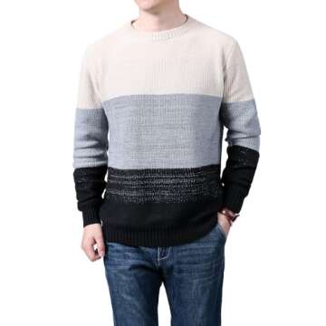 Granfee Men's Fashion Crewneck Pullover Sweater Soft Casual Winter Color Block Striped Sweaters Thermal Cotton Knitted(DSMY253Black-Medium)