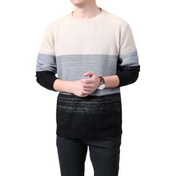 Granfee Men's Fashion Crewneck Pullover Sweater Soft Casual Winter Color Block Striped Sweaters Thermal Cotton Knitted(DSMY253Black-Medium)