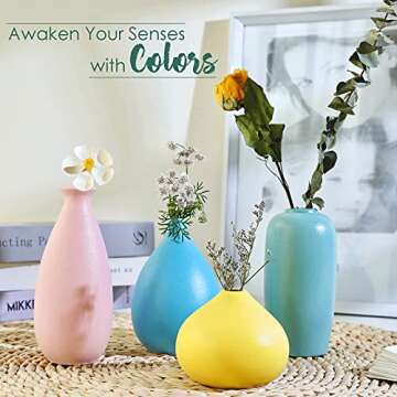 Colorful Flower Vase Set of 4, Small Pastel Vases Yellow Pink Blue Green/Teal, Decorative Ceramic Bud Vase, Centerpieces Tables Home Decor Gift, Cute Mini Stoneware Vase Decorations for Living Room
