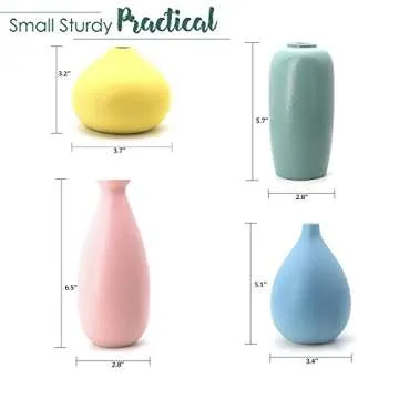 Colorful Flower Vase Set of 4, Small Pastel Vases Yellow Pink Blue Green/Teal, Decorative Ceramic Bud Vase, Centerpieces Tables Home Decor Gift, Cute Mini Stoneware Vase Decorations for Living Room