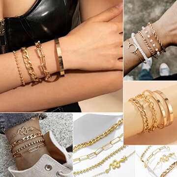 17IF 25 Pcs (6 Pack) Gold Chain Bracelets Set for Women Boho Punk Stackable Y2K Multipack Layered Ba...