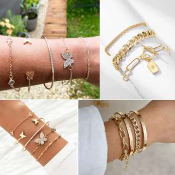 17IF 25 Pcs (6 Pack) Gold Chain Bracelets Set for Women Boho Punk Stackable Y2K Multipack Layered Bangles Pack Adjustable Cuff Italian Cuban Anklet Charm Chunky Bracelet Bundle Jewelry