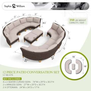 Sophia & William Oversized Half-Moon Outdoor Patio Furniture Set, 12 Piece Curved Outdoor Sectional Sofa Set Rattan Patio Conversation Set with 4 x Curved Sofa, 2X Armless Sofa, 2 x Ottoman, Beige