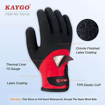 KAYGO Winter Waterproof Thermal Work Gloves for Men and Women, Full Hand Latex Coated, Acrylic Insul...