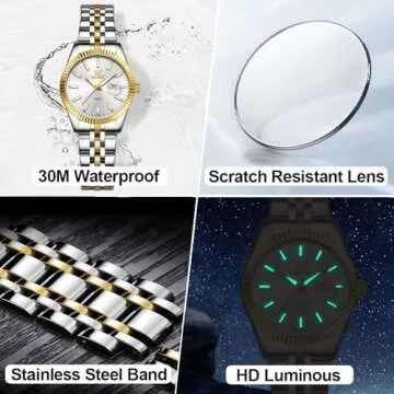 OLEVS Women's White Watch: Elegant Stainless Steel Dress Watch