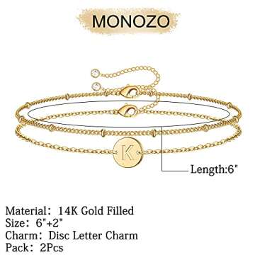 MONOZO Gold Initial Bracelets for Women, Dainty 14K Gold Filled Layered Beaded K Letter Initial Brac...