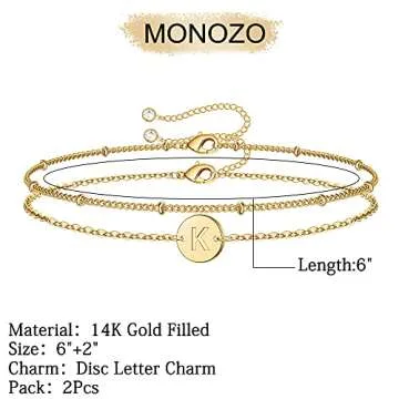 MONOZO Gold Initial Bracelets for Women, Dainty 14K Gold Filled Layered Beaded K Letter Initial Brac...