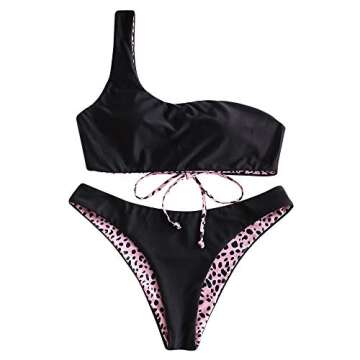 ZAFUL Women's Snakeskin Leopard Reversible Bikini Set Swimsuit Two Piece One Shoulder Swimwear (Blus...