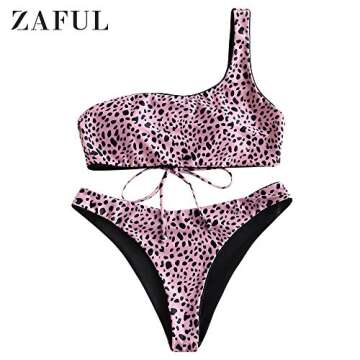 ZAFUL Women's Snakeskin Leopard Reversible Bikini Set Swimsuit Two Piece One Shoulder Swimwear (Blush Red, M)