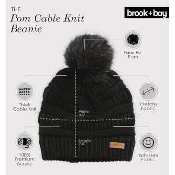 Brook + Bay - Beanie Hats for Women, Pom Pom Hat Soft Chunky Knit Beanie for Cold Weather, Stocking Cap for Women Winter Hats