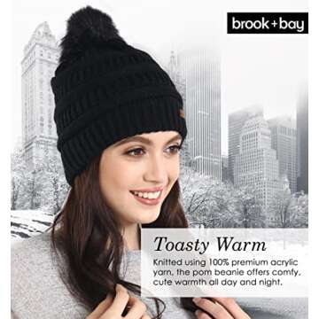 Brook + Bay - Beanie Hats for Women, Pom Pom Hat Soft Chunky Knit Beanie for Cold Weather, Stocking Cap for Women Winter Hats