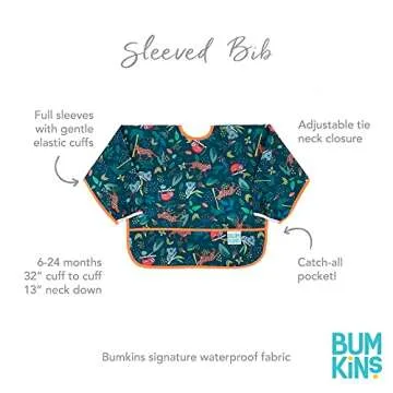 Bumkins Sleeved Bib for Girl or Boy, Baby and Toddler for 6-24 Mos, Essential Must Have for Eating, Feeding, Baby Led Weaning Supplies, Long Sleeve Mess Saving Food Catcher, Soft Fabric, Jungle
