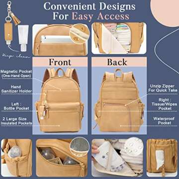 miss fong Diaper Bag Backpack Leather Diaper Bag, Baby Diaper Bag for Baby, 16 Pockets Diaper Bag Organizer with Hand Sanitizer Holder, Changing Pad, 2 Insulated Pockets(Peanut)