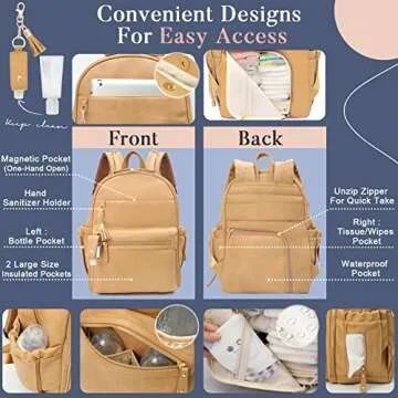 miss fong Diaper Bag Backpack Leather Diaper Bag, Baby Diaper Bag for Baby, 16 Pockets Diaper Bag Organizer with Hand Sanitizer Holder, Changing Pad, 2 Insulated Pockets(Peanut)