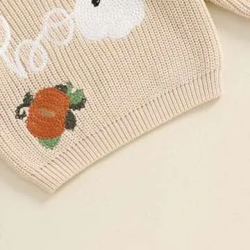 Lnzyyephy Toddler Baby Boy Girl Halloween Outfit Infant Pumpkin Embroidery Knit Sweaters Sweatshirt Tops Fall Winter Clothes (PUM-Beige, 2-3 Years)