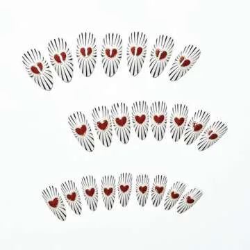 Valentine's Day Press on Nails Medium Red Love Heart Black Lines False Nails with Design French Almo...