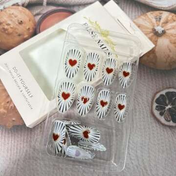 Valentine's Day Press on Nails Medium Red Love Heart Black Lines False Nails with Design French Almond Nails 24Pcs Artificial Acrylic Nails Full Cover Glossy Coffin Fake Nails Glue on Nails for Women