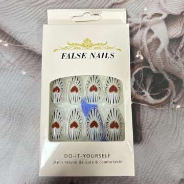 Valentine's Day Press on Nails Medium Red Love Heart Black Lines False Nails with Design French Almond Nails 24Pcs Artificial Acrylic Nails Full Cover Glossy Coffin Fake Nails Glue on Nails for Women