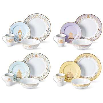 Disney Themed Dinnerware Set - 16 Ceramic Dishes, 4 Place Settings | Collection 1| Cinderella, Aladd...