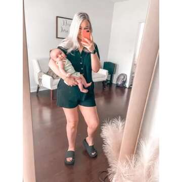 Saodimallsu Womens V Neck Button Romper Casual Waffle Knit Short Sleeve Playsuit Short One Piece Jumpsuit Outfit with Pocket