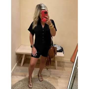 Saodimallsu Womens V Neck Button Romper Casual Waffle Knit Short Sleeve Playsuit Short One Piece Jumpsuit Outfit with Pocket