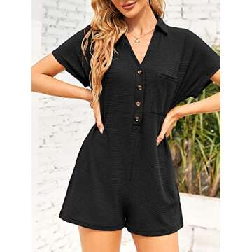 Saodimallsu Womens V Neck Button Romper Casual Waffle Knit Short Sleeve Playsuit Short One Piece Jumpsuit Outfit with Pocket