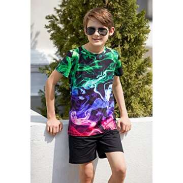 RAISEVERN Boys Shirts Neon Hawaiian Beach Tropical Tshirt Kids Girls Galaxy Shirt Short Sleeve 3D Print Cool Smoke Tees Summer Clothes Size 9-12 Years