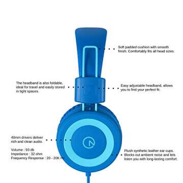 noot products Kids Headphones K11 Foldable Stereo Tangle-Free 5ft Long Cord 3.5mm Jack Plug in Wired On-Ear Headset for iPad/Amazon Kindle,Fire/Boy/Girl/School/Laptop/Tablet(Skyline Blue)