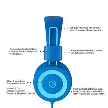 noot products Kids Headphones K11 Foldable Stereo Tangle-Free 5ft Long Cord 3.5mm Jack Plug in Wired On-Ear Headset for iPad/Amazon Kindle,Fire/Boy/Girl/School/Laptop/Tablet(Skyline Blue)