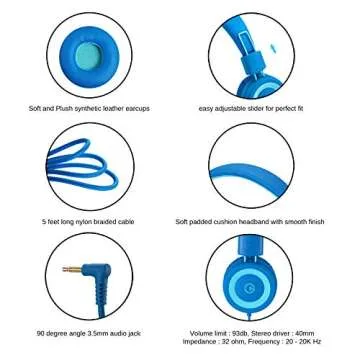 noot products Kids Headphones K11 Foldable Stereo Tangle-Free 5ft Long Cord 3.5mm Jack Plug in Wired On-Ear Headset for iPad/Amazon Kindle,Fire/Boy/Girl/School/Laptop/Tablet(Skyline Blue)