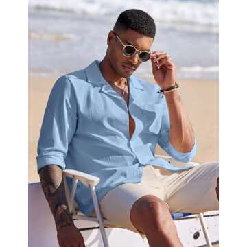 COOFANDY Mens Summer Long Sleeve Shirts Vacation Beach Shirt Moisture Wicking Resort Wear Cruise Attire Blue X-Large