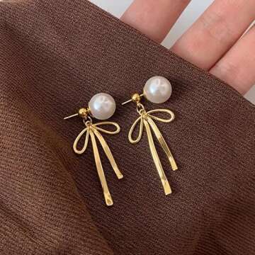 Elegant Bow Pearl Earrings for Women - 14K Gold Stylish Jewelry