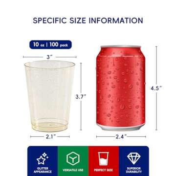 JOLLY CHEF 100 Pack 10 oz Gold Glitter Plastic Party Cups, Disposable Plastic Tumblers, Gold Drinkin...