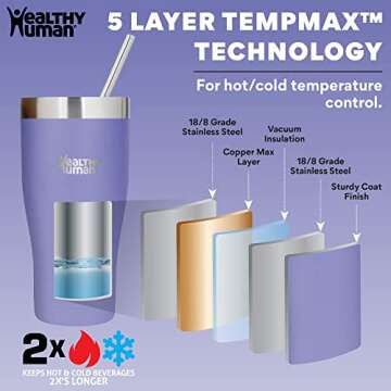 Healthy Human Stainless Steel Tumbler with Straw & Lid | Splash Proof Insulated Travel Cup | Eco-Friendly Coffee Tumblers | Water Cups with Straws Cleaner and Splash Proof Lids (32oz, Lilac)