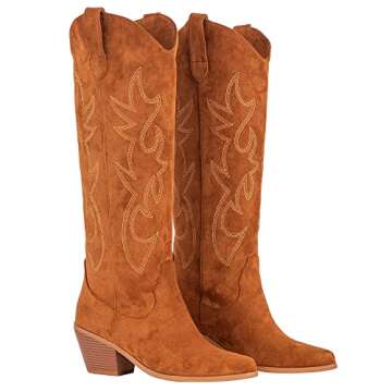 ZXHYZLZ Suede Cowboy Boots For Women -Wide Calf Knee High Cowgirl Boots Botas Vaqueras Para Mujer Sl...