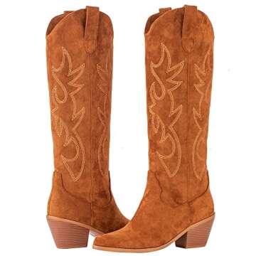 ZXHYZLZ Suede Cowboy Boots For Women -Wide Calf Knee High Cowgirl Boots Botas Vaqueras Para Mujer Slip On Pointed Toe Thick Heel western Tall Boots Great For Country Concerts and Parties Size 7