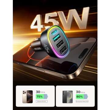 USB C Car Charger, 45W 4 Ports Super Fast Car Charger Adapter, PD3.0 & QC3.0 30W Type C Car Charger for iPhone 16/15/14/13/12/11 Pro Max Plus Samsung Galaxy S24 Ultra/S23 Cigarette Lighter USB Charger