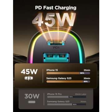 USB C Car Charger, 45W 4 Ports Super Fast Car Charger Adapter, PD3.0 & QC3.0 30W Type C Car Charger for iPhone 16/15/14/13/12/11 Pro Max Plus Samsung Galaxy S24 Ultra/S23 Cigarette Lighter USB Charger