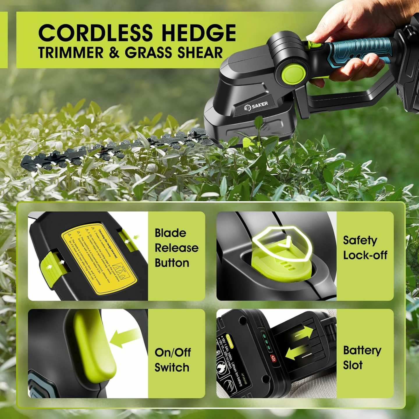 Saker Cordless Hedge Trimmer - 20V Electric Lawn Shears