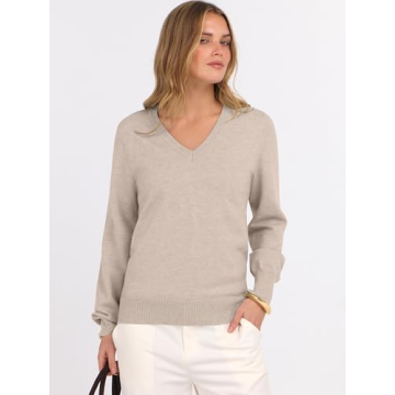 ANRABESS Women's Long Sleeve V Neck Sweater - Stylish Casual Pullover Top in Almond