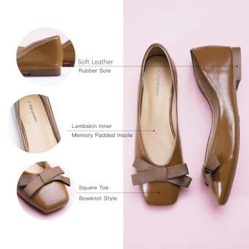 C.Paravano Women's Flats | Square Toe Flats | Ballet Flats for Women | Brown Flat Shoes | Soft Leath...