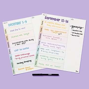 M.C. Squares Dry Erase Weekly Meal & Task Planners | Erasable White Board Cling to Stainless Steel Fridge, Glass, Cabinet | Home, Office, School | with Wet Erase Marker | 10” x 11” 2-Pack | USA Made