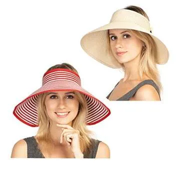 Women Sun Visors Foldable Straw Hats Summer Beach Packable Hat Floppy Wide Brim Cap Big Heads Sombrero De Playa para Mujer UPF 50+ Beige+Red
