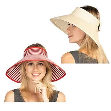 Women Sun Visors Foldable Straw Hats Summer Beach Packable Hat Floppy Wide Brim Cap Big Heads Sombrero De Playa para Mujer UPF 50+ Beige+Red