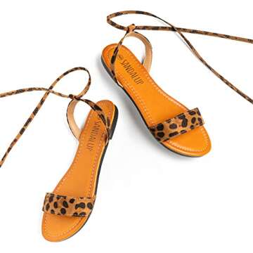 SANDALUP Leopard Sandals Women Dressy Strappy Summer Cute Lace Up Boho Comfortable Ankle Strap Staw Flat Sandals for Women 7