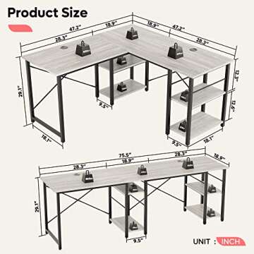 Bestier L Shaped Desk with Shelves 75 Inch Reversible Corner Computer Desk or 2 Person Long Table, W...