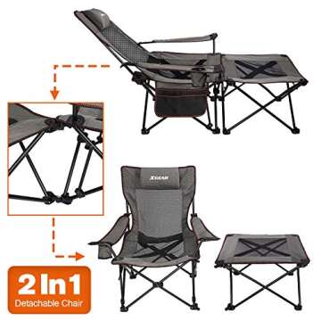 XGEAR 2 in 1 Folding Camping Chair Portable Lounge Chair with Detachable Table for Camping Fishing Beach and Picnics (Grey)