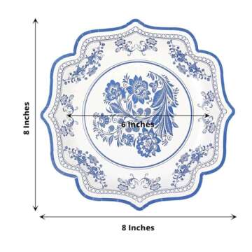 Efavormart 25 Pack | 8" White/Blue Chinoiserie Floral Print Paper Dessert Plates With Scalloped Rims, Disposable Salad Appetizer Plates - 300 GSM